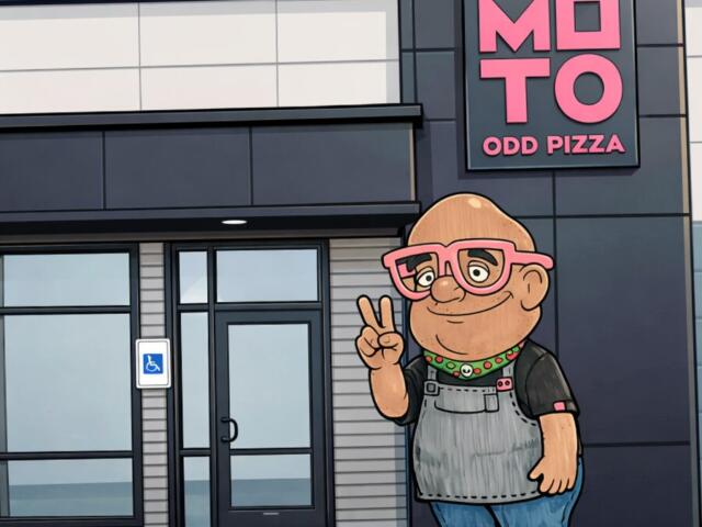 Cartoon mascot outside a pizza shop with pink glasses and overalls, posing with a peace sign next to the 'MOTO ODD PIZZA' sign.