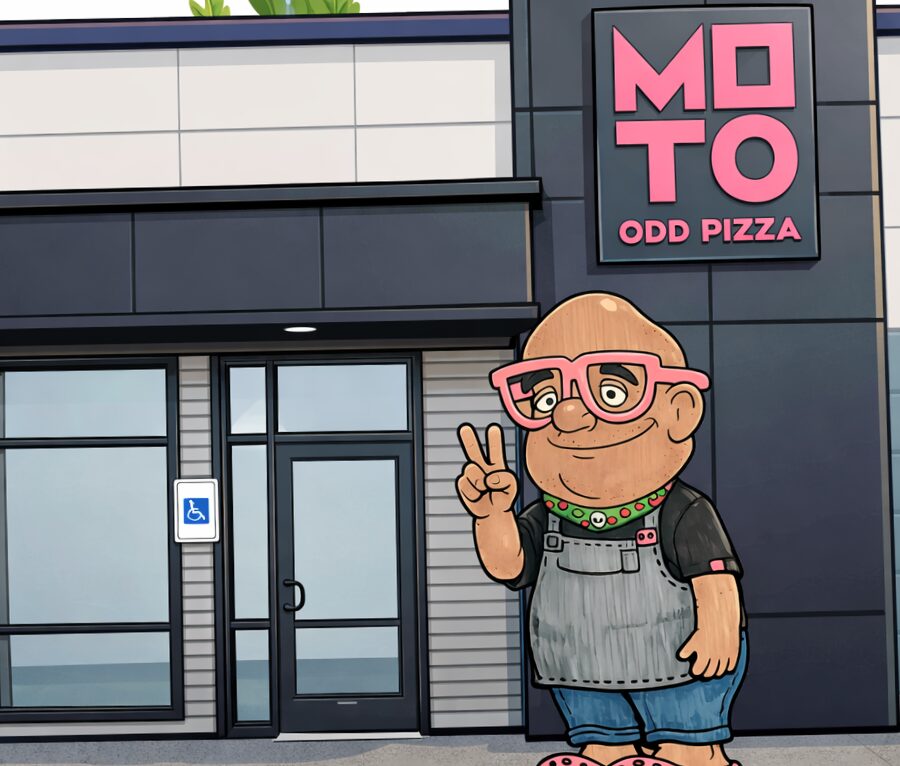 Cartoon mascot outside a pizza shop with pink glasses and overalls, posing with a peace sign next to the 'MOTO ODD PIZZA' sign.