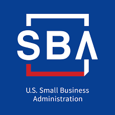 SBA logo on blue background: white 'SBA' lettering within a stylized red-and-white frame and 'U.S. Small Business Administration' text beneath.