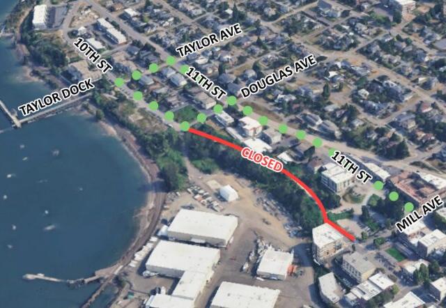 Aerial map showing a red curved 'CLOSED' road near 11th St with a green dotted detour along Taylor Ave, 10th St, and Mill Ave by the waterfront.