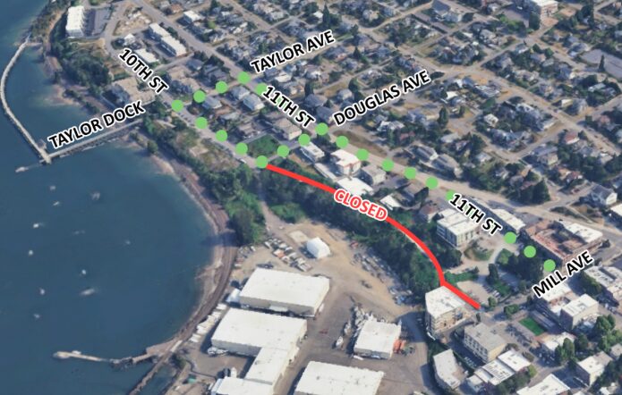 Aerial map showing a red curved 'CLOSED' road near 11th St with a green dotted detour along Taylor Ave, 10th St, and Mill Ave by the waterfront.