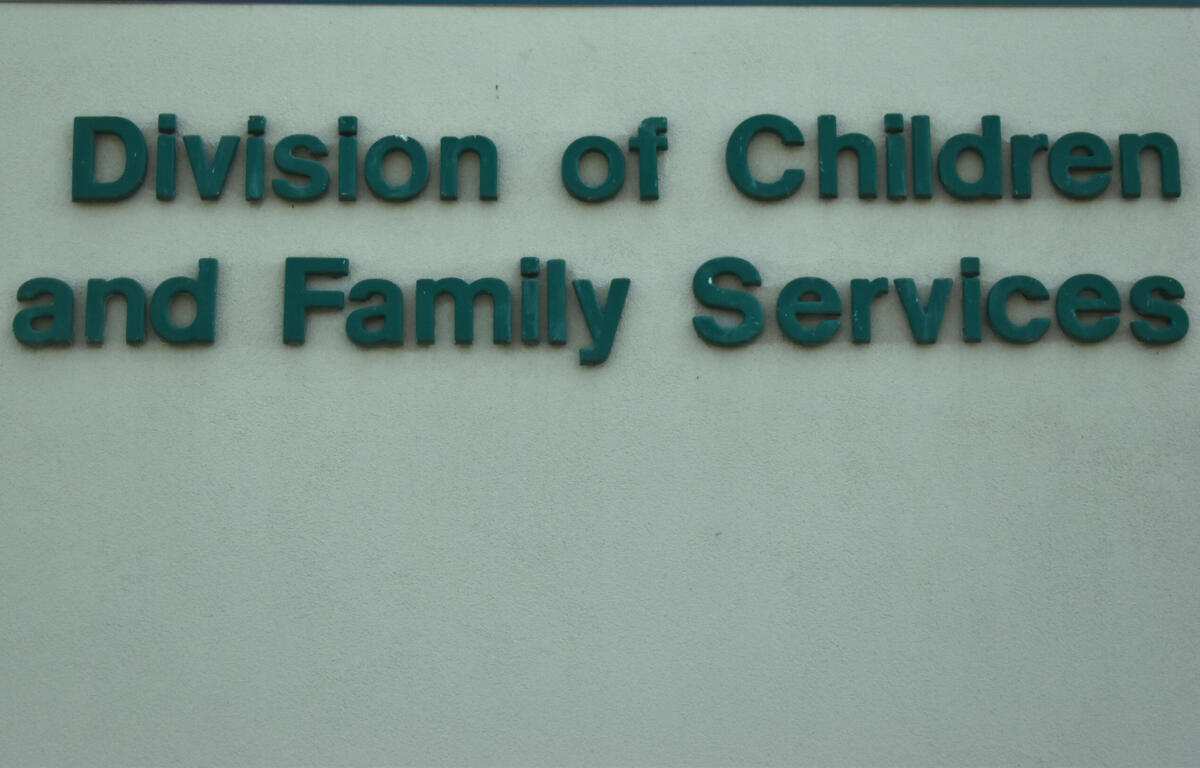 Teal raised lettering reading 'Division of Children and Family Services' on a pale wall.