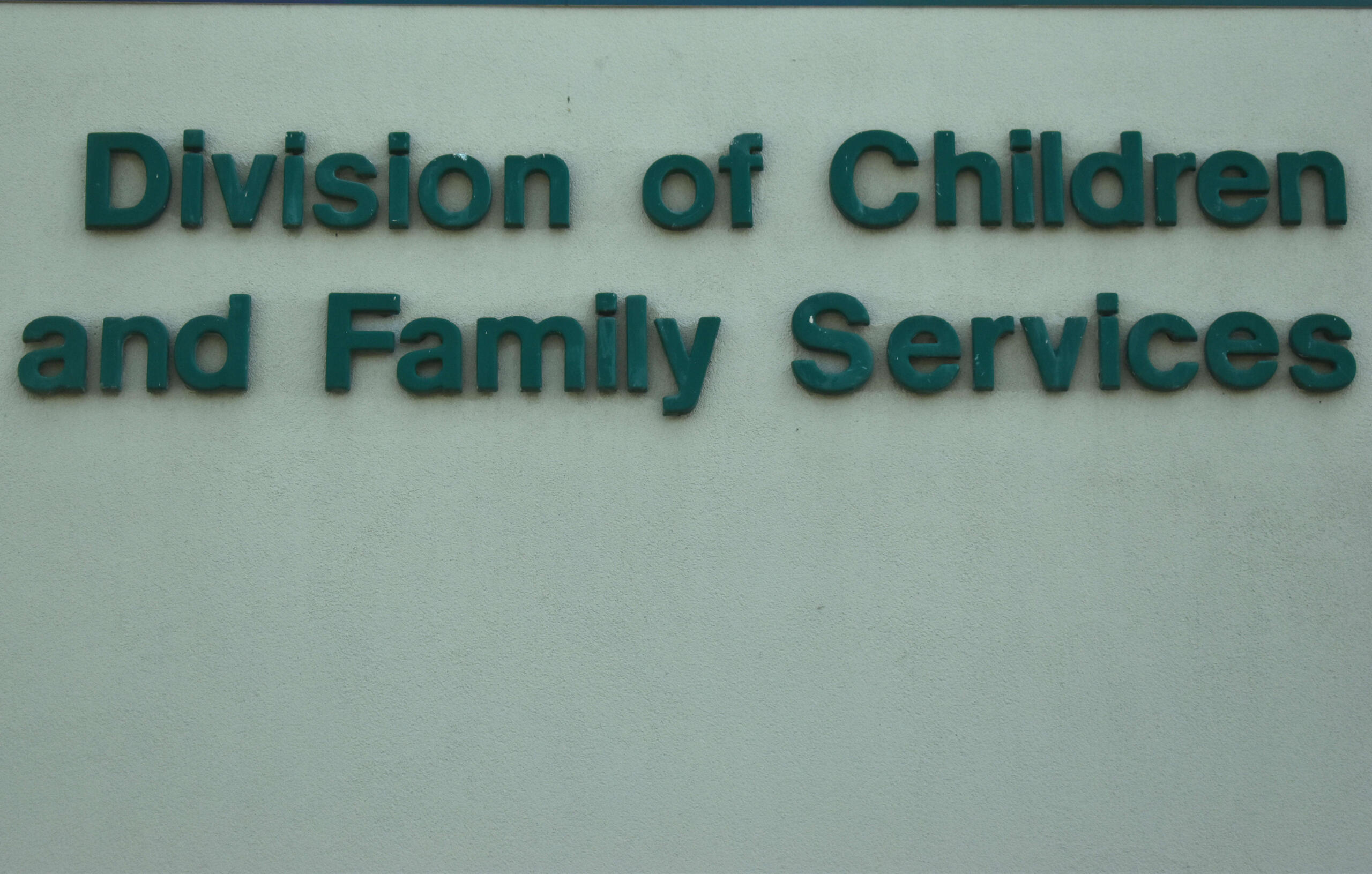 Teal raised lettering reading 'Division of Children and Family Services' on a pale wall.