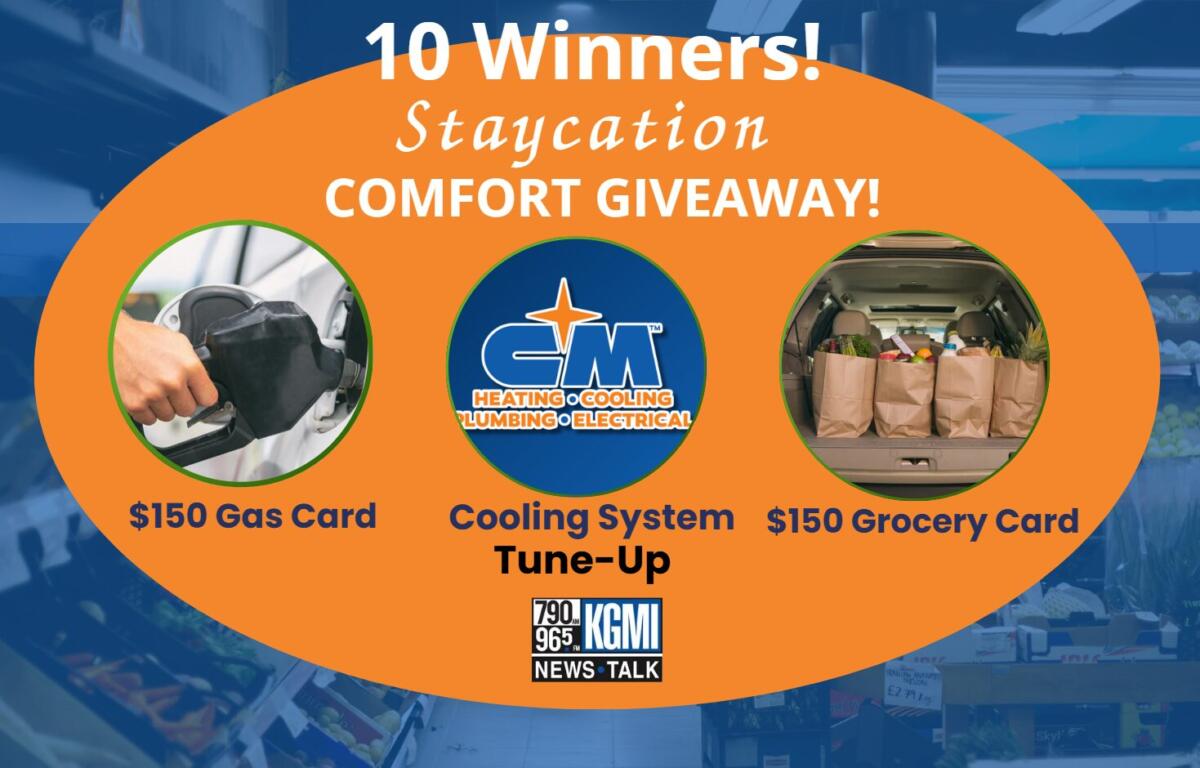 Promo banner announcing 10 Winners Staycation Comfort Giveaway featuring a $150 gas card, cooling-system tune-up, and $150 grocery card with GM and KGMI logos.