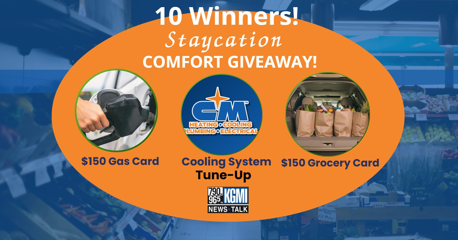 Promo banner announcing 10 Winners Staycation Comfort Giveaway featuring a $150 gas card, cooling-system tune-up, and $150 grocery card with GM and KGMI logos.