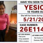 Missing-child poster: photo of a girl in a pink long-sleeve shirt; text reads ‘Yesica, 15 years old’ with case 26E1141 and last seen 5/21/2026 in Everson, WA.