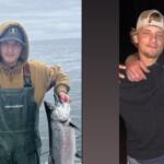Two-panel photo: left shows a man in a brown hoodie and Grundéns bib holding two large salmon on a boat; right shows a man in a white cap and black shirt posing with a friend's arm around him indoors.