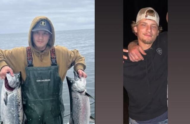 Two-panel photo: left shows a man in a brown hoodie and Grundéns bib holding two large salmon on a boat; right shows a man in a white cap and black shirt posing with a friend's arm around him indoors.