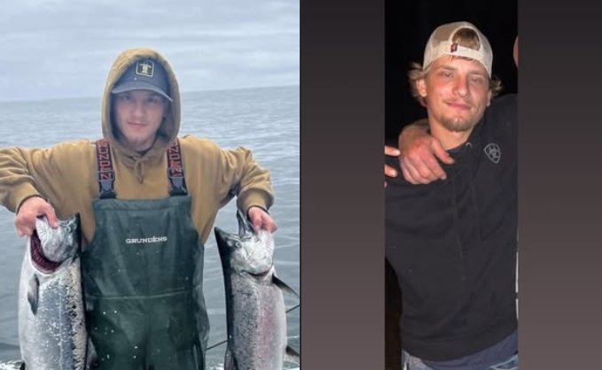 Two-panel photo: left shows a man in a brown hoodie and Grundéns bib holding two large salmon on a boat; right shows a man in a white cap and black shirt posing with a friend's arm around him indoors.