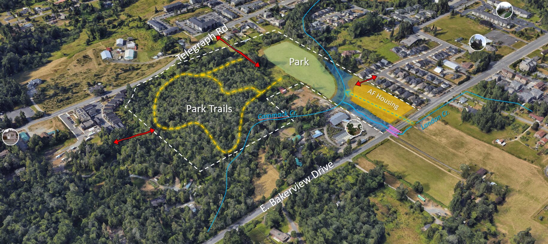 Aerial map showing a central park with white-dashed boundary, yellow looped Park Trails, blue streams, and surrounding streets including Telegraph Rd and E. Bakerview Dr; orange AF Housing area nearby.