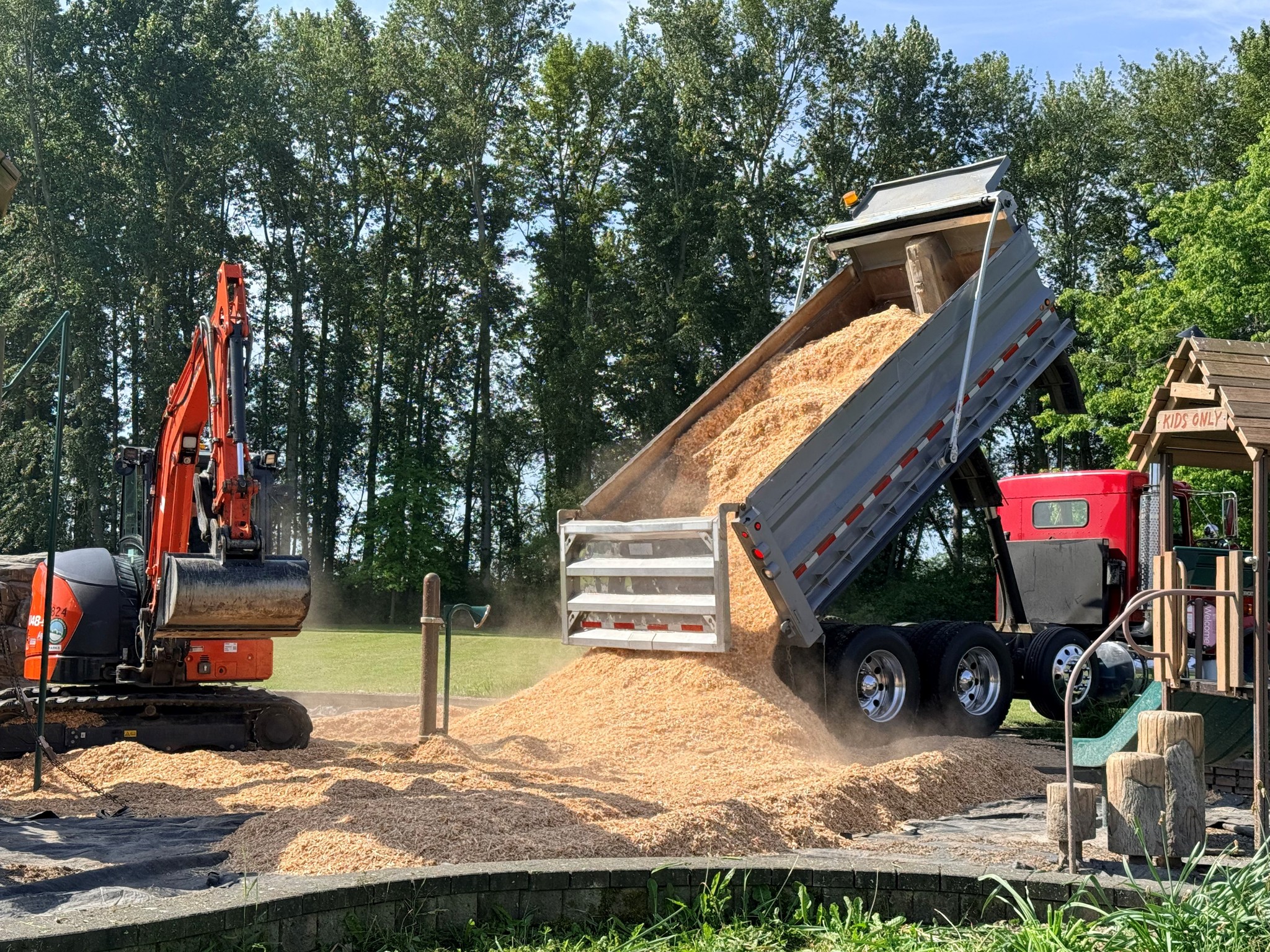 Orange excavator dumping a load of sand into a tilted dump trailer at a construction site, with trees in the background.