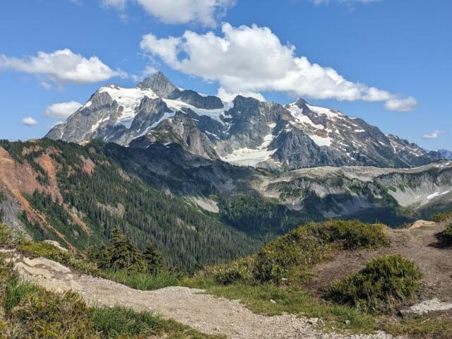 Snowy, jagged mountain peak under a blue sky, viewed from a rocky dirt trail with green shrubs in the foreground.