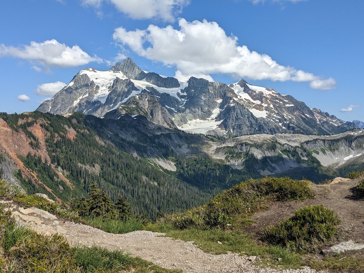 Snowy, jagged mountain peak under a blue sky, viewed from a rocky dirt trail with green shrubs in the foreground.