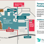 Map of PeaceHealth St. Joseph Medical Center showing temporary parking changes, under construction zones, and entrances including Emergency Entrance and Main Campus Entrance.