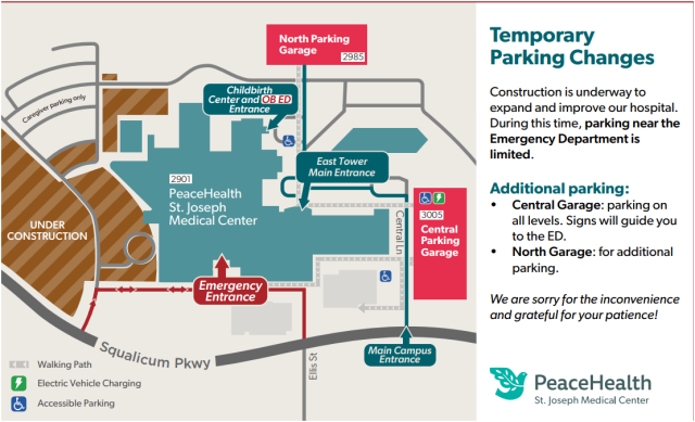 Map of PeaceHealth St. Joseph Medical Center showing temporary parking changes, under construction zones, and entrances including Emergency Entrance and Main Campus Entrance.
