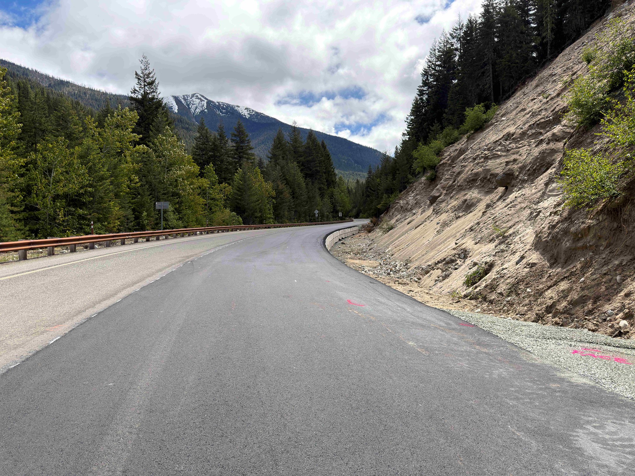 Curving mountain road flanked by a rocky cliff on the right and dense evergreen forest on the left, with snow-capped mountains in the distance.