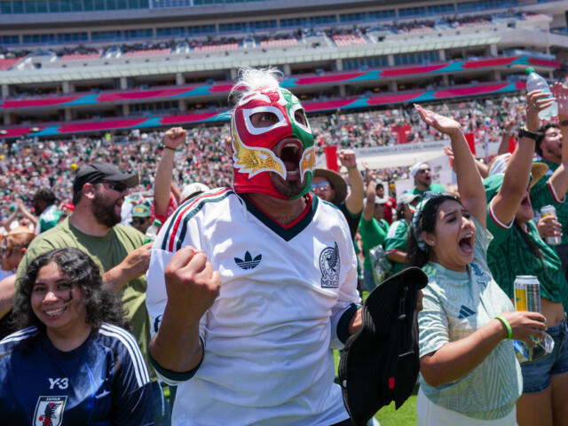 Crowd of soccer fans at a stadium, center figure wearing a colorful lucha libre mask and white Mexico jersey, arms raised in cheer.