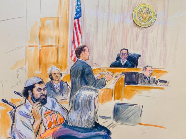 Courtroom scene with a judge at the bench, a lawyer speaking, and several attendees, an American flag in the background
