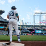 Baseball batter wearing number 29 stands at home plate with bat in hand, seen from behind in a full stadium.