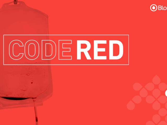 Bloodworks Northwest banner reading CODE RED with a blood bag on a red background and the logo in the corner.