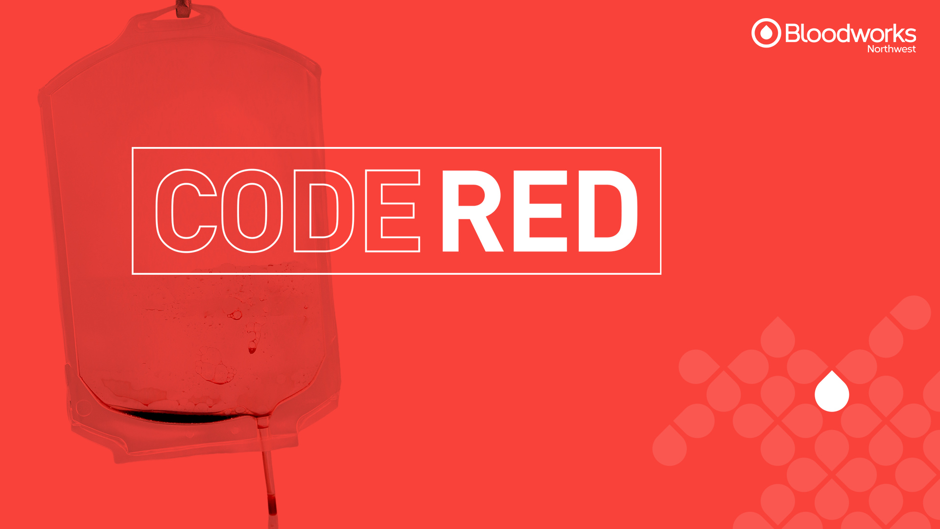 Bloodworks Northwest banner reading CODE RED with a blood bag on a red background and the logo in the corner.