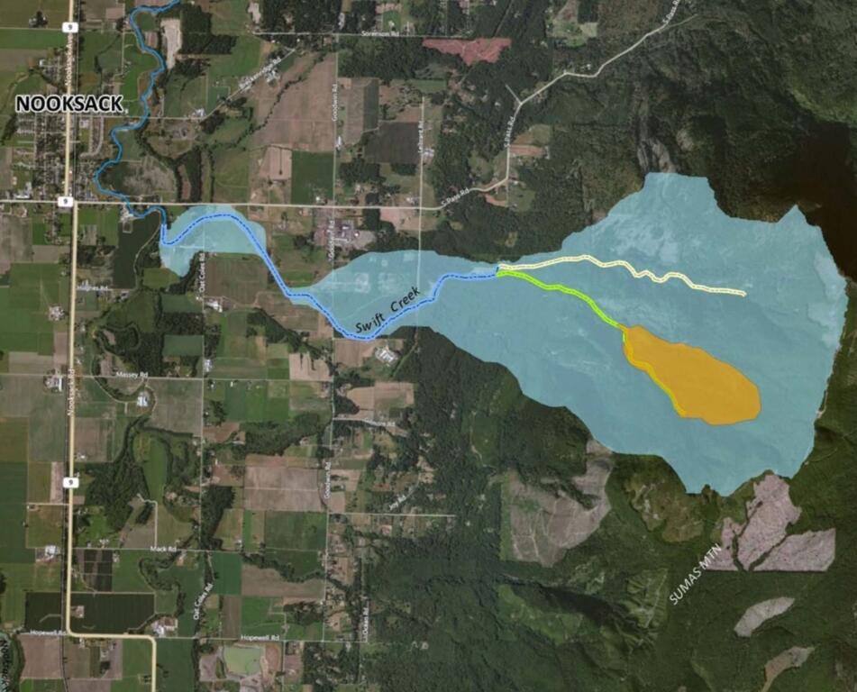 Aerial map of the Swift Creek watershed near Nooksack, showing floodplain in light blue and a large orange-yellow area to the east.