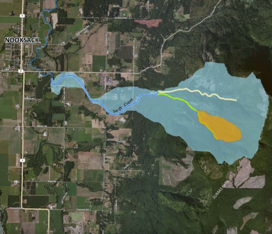 Aerial map of the Swift Creek watershed near Nooksack, showing floodplain in light blue and a large orange-yellow area to the east.