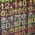Close-up of a colorful LED dot matrix displaying stock ticker numbers and percentage changes.