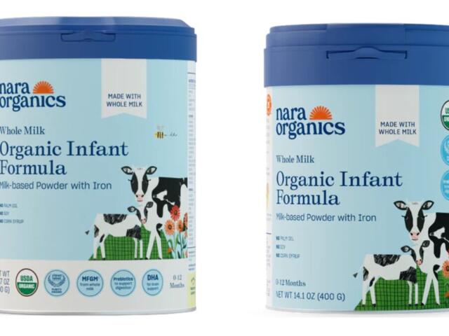Two Nara Organics Organic Infant Formula cans with blue lids, labeled milk-based powder with iron, featuring cow illustrations on the label.