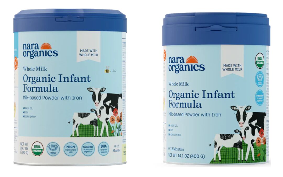 Two Nara Organics Organic Infant Formula cans with blue lids, labeled milk-based powder with iron, featuring cow illustrations on the label.