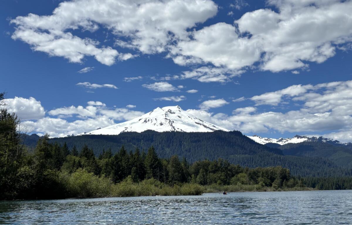 Snowy mountain rising above a dense forest along a calm lake under a blue sky with scattered clouds.