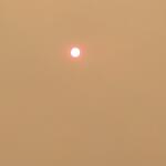 Small bright sun in a hazy orange sky, suggesting sunset or sunrise.