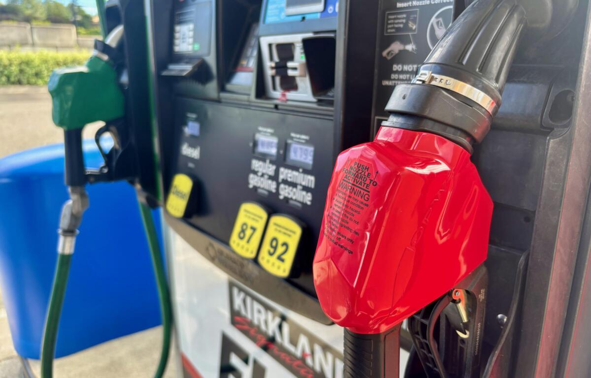 Red gasoline nozzle at a gas pump, with hoses and a payment terminal visible in the background.