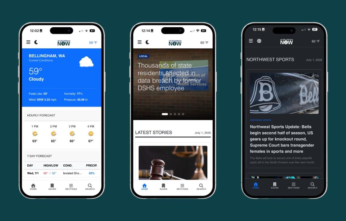 Three smartphones showing different app screenshots: weather on the left, news center in the middle, and a dark sports feed on the right.