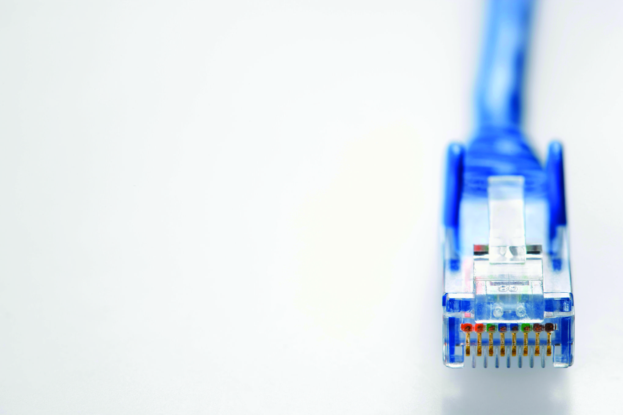 Close-up of a blue RJ-45 Ethernet connector with gold contacts at the right edge on a white background, taken from the side