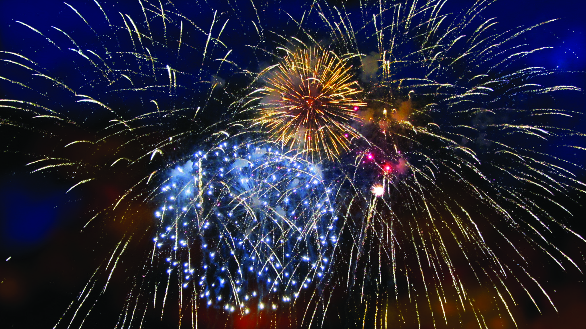 Fireworks bursting in a dark blue night sky with golden streaks and blue sparks radiating outward.