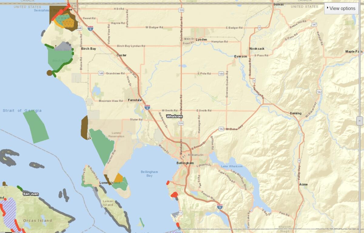 Map of northwest Washington near Bellingham, showing Birch Bay, Whatcom, Lake Whatcom, Lummi Island, and surrounding coastline.