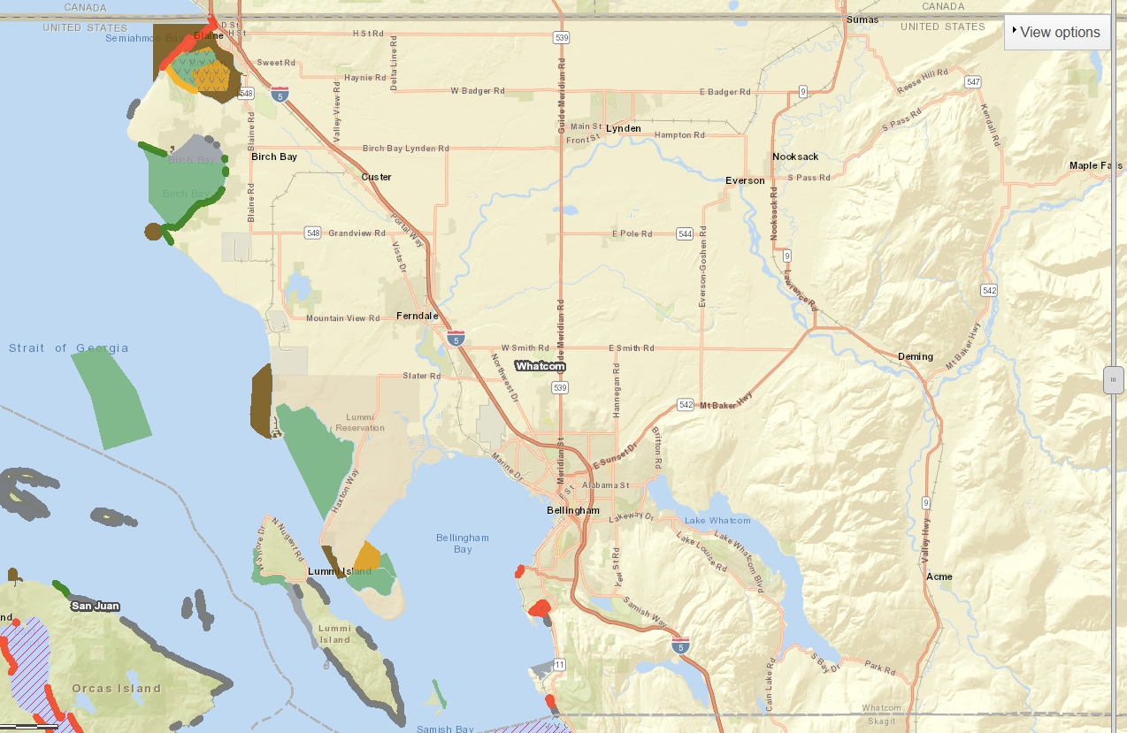 Map of northwest Washington near Bellingham, showing Birch Bay, Whatcom, Lake Whatcom, Lummi Island, and surrounding coastline.