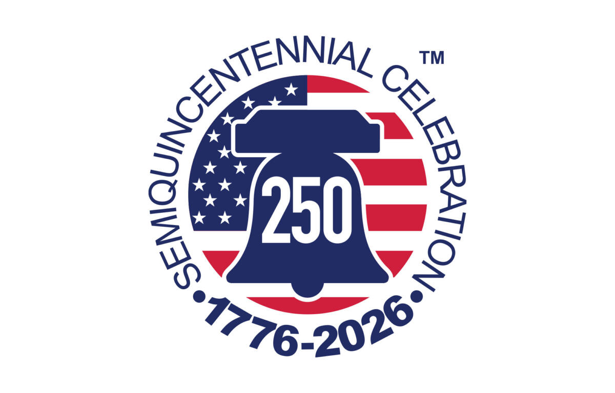 Circular emblem with American flag colors, the number 250, and the text 1776–2026, for a centennial celebration