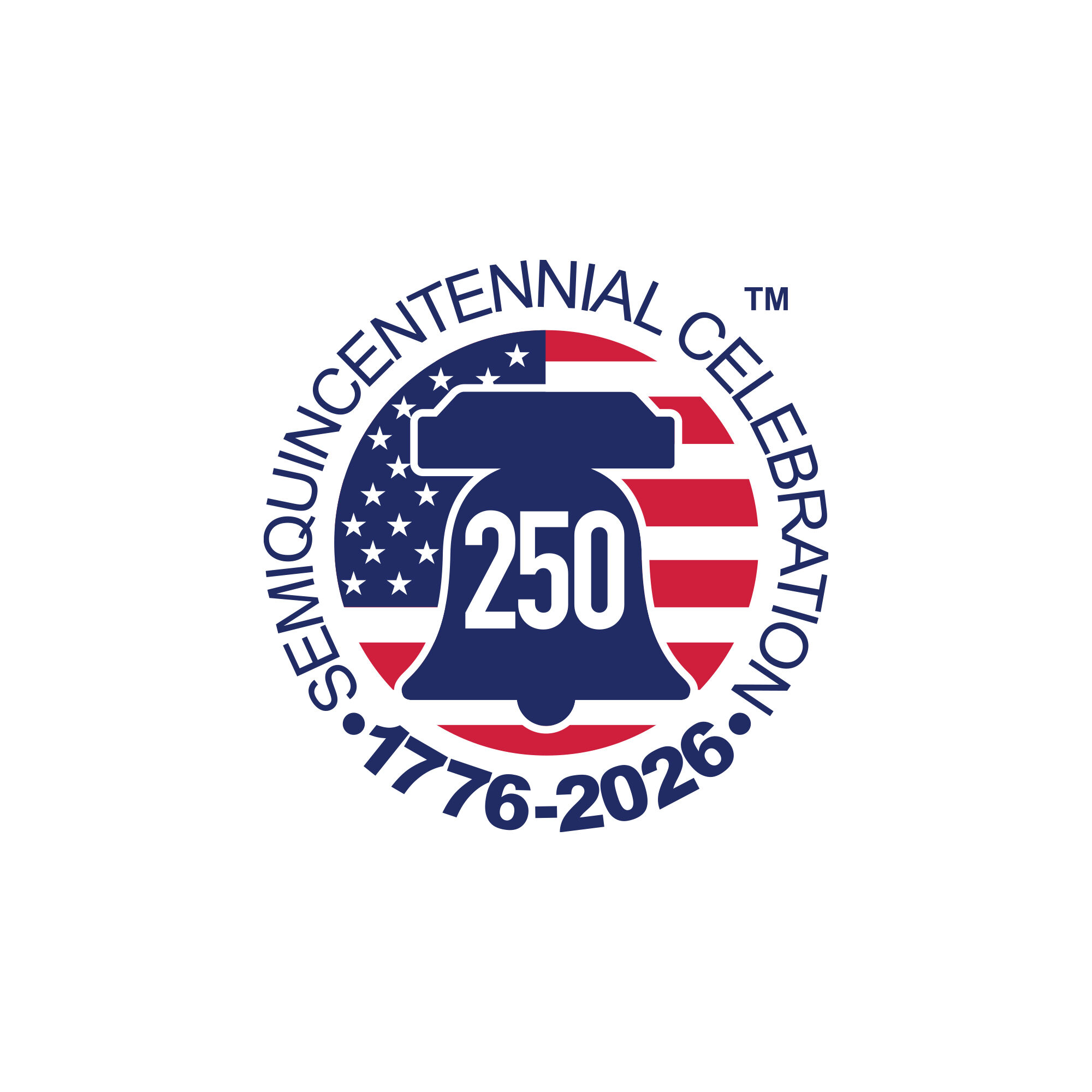 Circular emblem with American flag colors, the number 250, and the text 1776–2026, for a centennial celebration