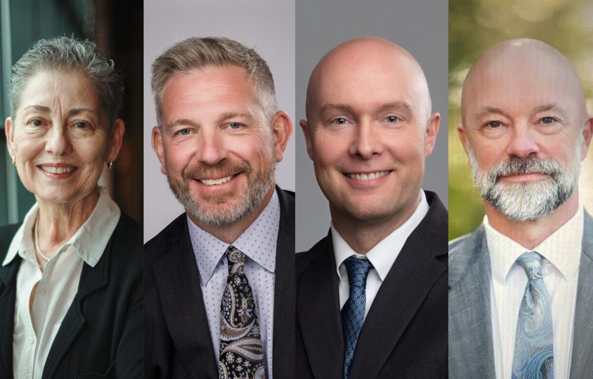 Four business professionals photographed in a collage: woman on left, then three men in suits smiling.