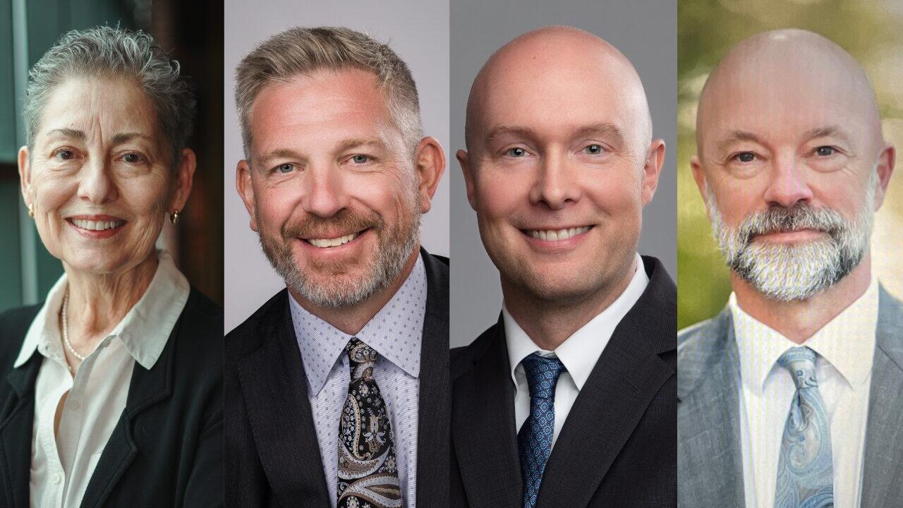 Four business professionals photographed in a collage: woman on left, then three men in suits smiling.