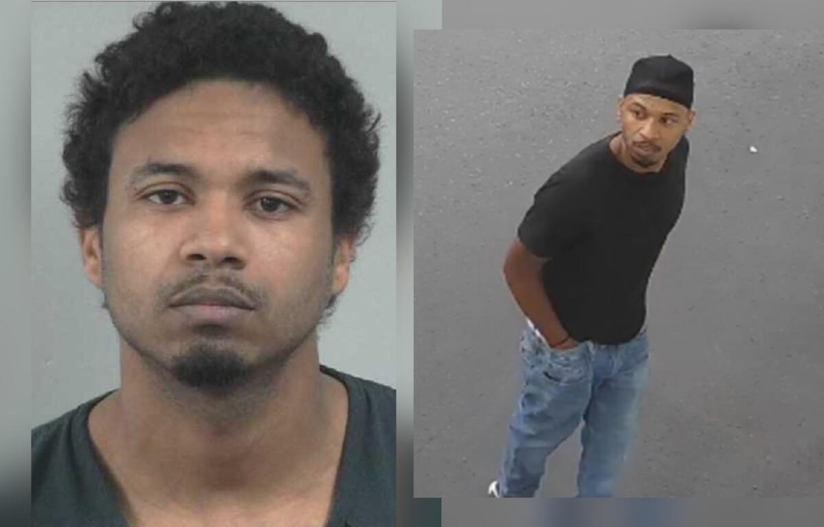 Side-by-side images: left a young man with short curly hair and a goatee in a gray shirt, right a man in a black cap and black shirt standing on a street, looking over his shoulder.