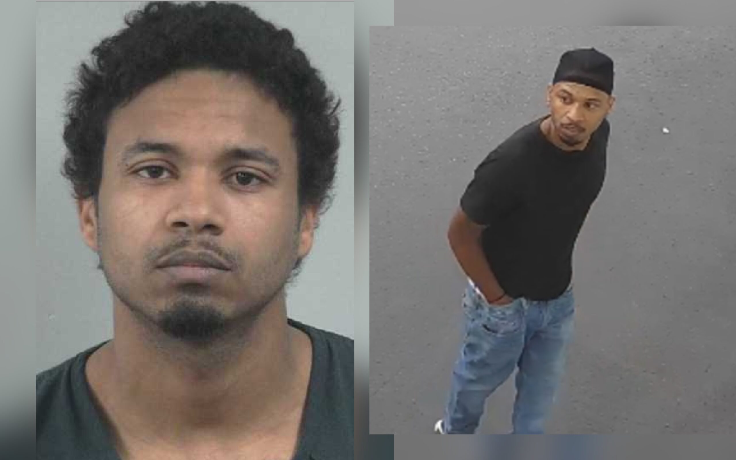 Side-by-side images: left a young man with short curly hair and a goatee in a gray shirt, right a man in a black cap and black shirt standing on a street, looking over his shoulder.
