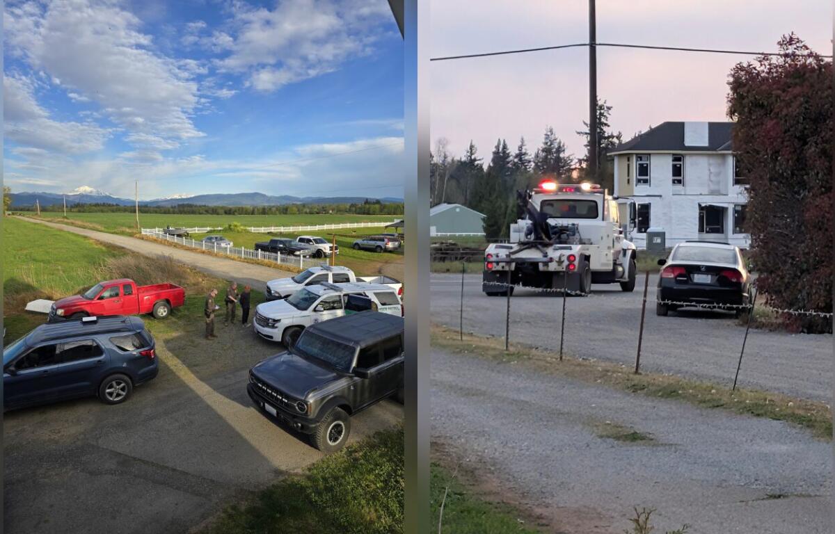 Split scene: left side shows a rural parking area with several trucks and SUVs and a few people talking near a white fence, mountains in the distance; right side shows a tow truck with flashing lights and a black car in front of a partially built white house on a gravel street.