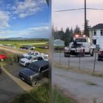 Split scene: left side shows a rural parking area with several trucks and SUVs and a few people talking near a white fence, mountains in the distance; right side shows a tow truck with flashing lights and a black car in front of a partially built white house on a gravel street.