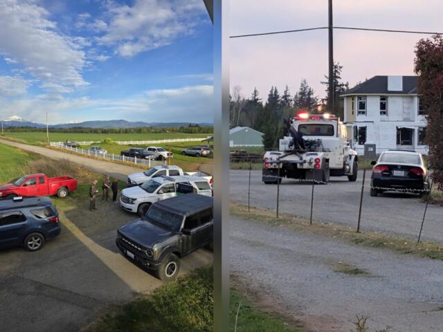 Split scene: left side shows a rural parking area with several trucks and SUVs and a few people talking near a white fence, mountains in the distance; right side shows a tow truck with flashing lights and a black car in front of a partially built white house on a gravel street.