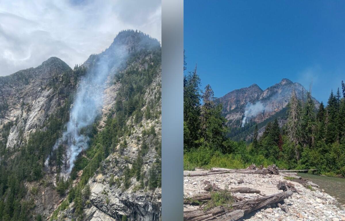 Split landscape: left shows a rugged mountain slope with a wildfire smoke plume; right shows a forested riverbank with distant smoke.