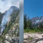 Split landscape: left shows a rugged mountain slope with a wildfire smoke plume; right shows a forested riverbank with distant smoke.