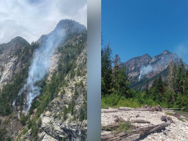 Split landscape: left shows a rugged mountain slope with a wildfire smoke plume; right shows a forested riverbank with distant smoke.